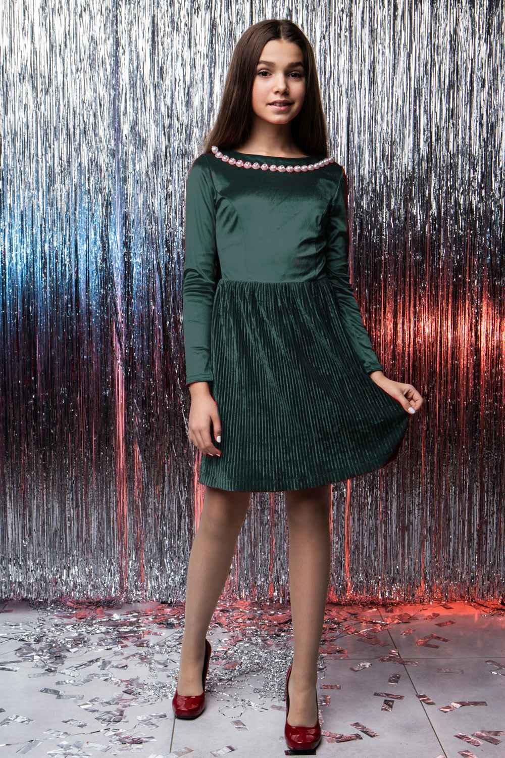 Платье праздничное плисе Diва на девушку подростка гипюровое 158 см Зеленый (303)