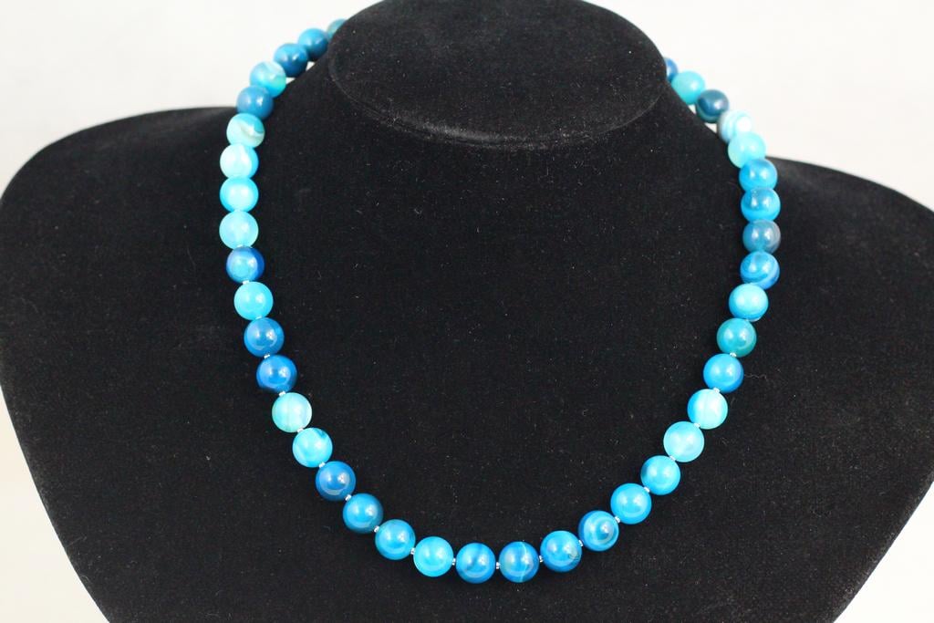 Бусы из полосатого синего агата 50 см 10 мм Голубой/Серебристый (32616658)