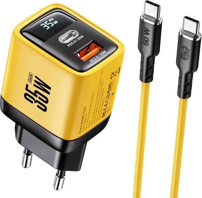 Зарядний пристрій ASOMETECH CH009-H01 35W GAN PD/QC USB/Type-C/кабель 60W Type-C-Type-C Yellow (43046)