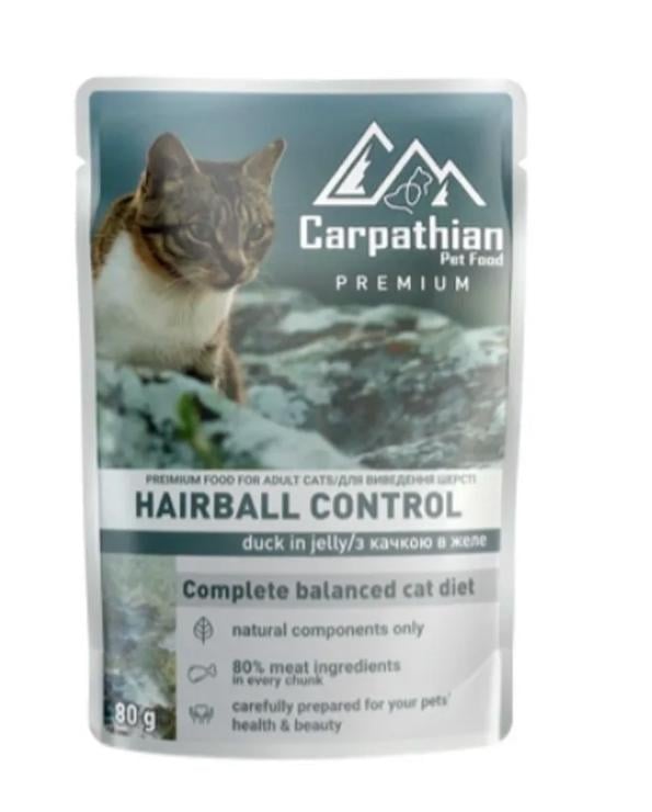 Корм вологий для кішок Carpathian Pet Food Hairball control для виведення вовни в желе з качкою 80 г