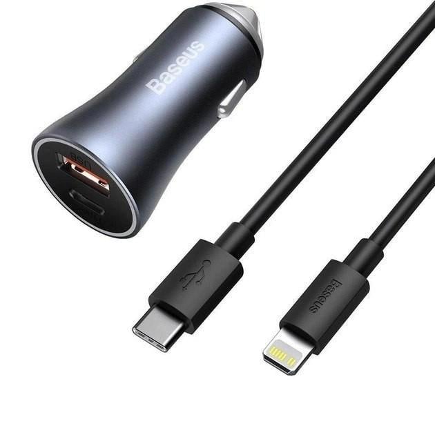 Зарядное устройство для автомобильного Baseus 40W с кабелем Type-C до Lightning Cable Golden Contactor Pro Dual Quick Car Charger 1USB/1