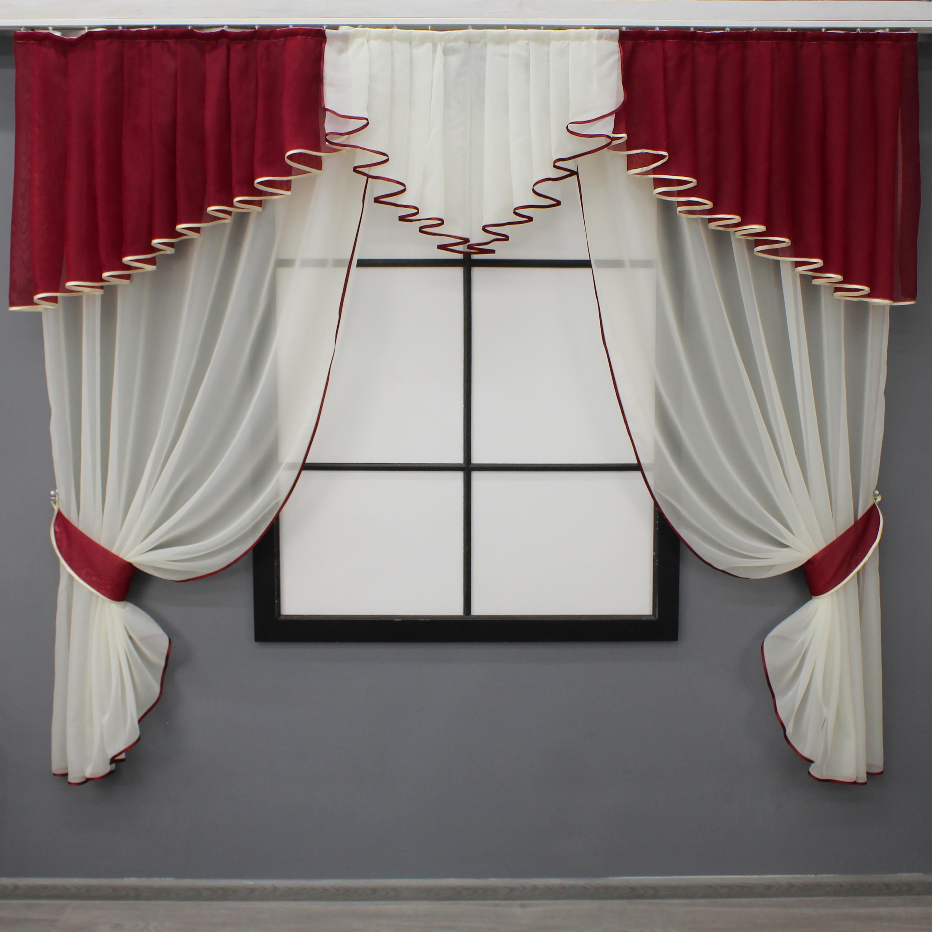 Комплект штор VR-Textil №103к шторки з ламбрекеном 200х170 см Молочний з червоним (52-0976) Комплект штор VR-Textil №103к шторки з ламбрекеном 200х170 см Молочний з червоним (52-0976)