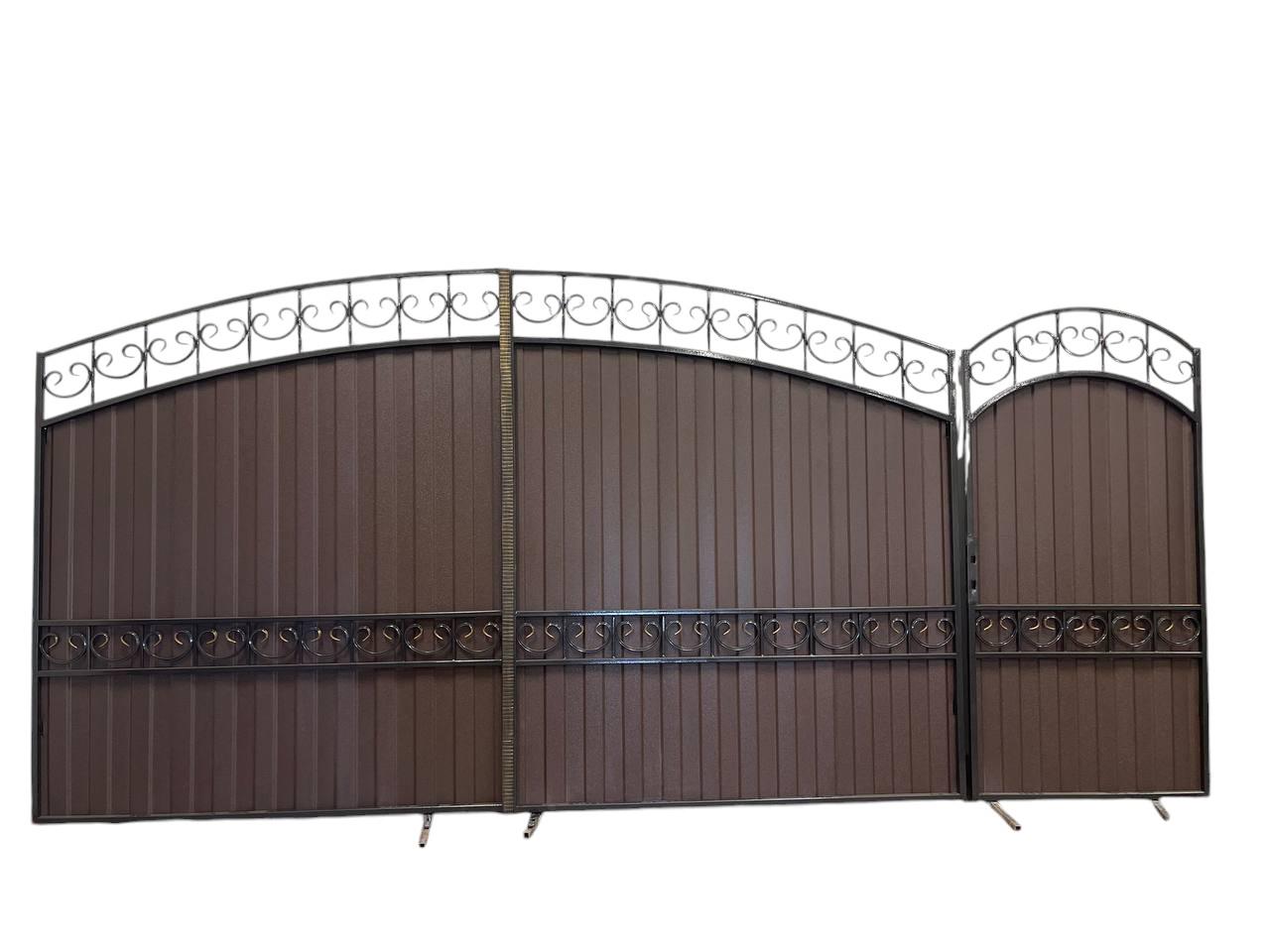 Ворота кованые с калиткой и профнастилом 3400х2000 мм (0105)