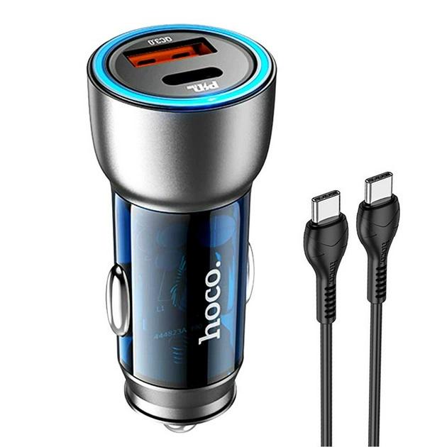 Адаптер автомобильный Hoco Type-C to Type-C cable Sprinter dual port Car charger NZ8 1USB/1Type-C QC/PD 43 W 3 A Blue (557987)