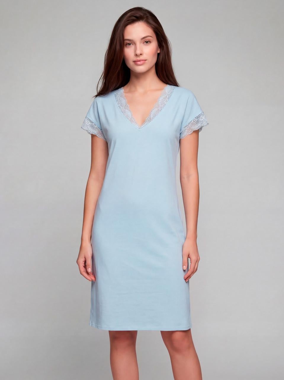 Ночная рубашка женская Roksana с короткими рукавами и кружевом батальная 5XL Голубой (1369/16329)