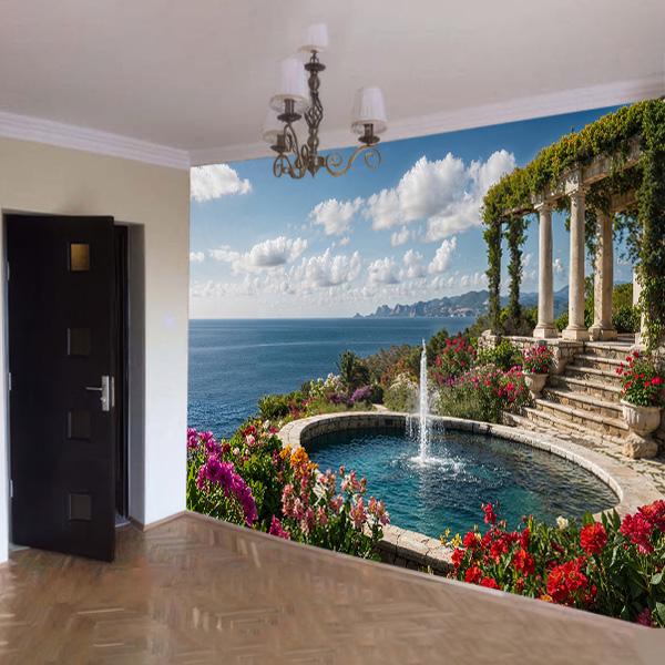 Фотошпалери флізелінові у вітальню Фонтан і море 3D 100х100 см (666)