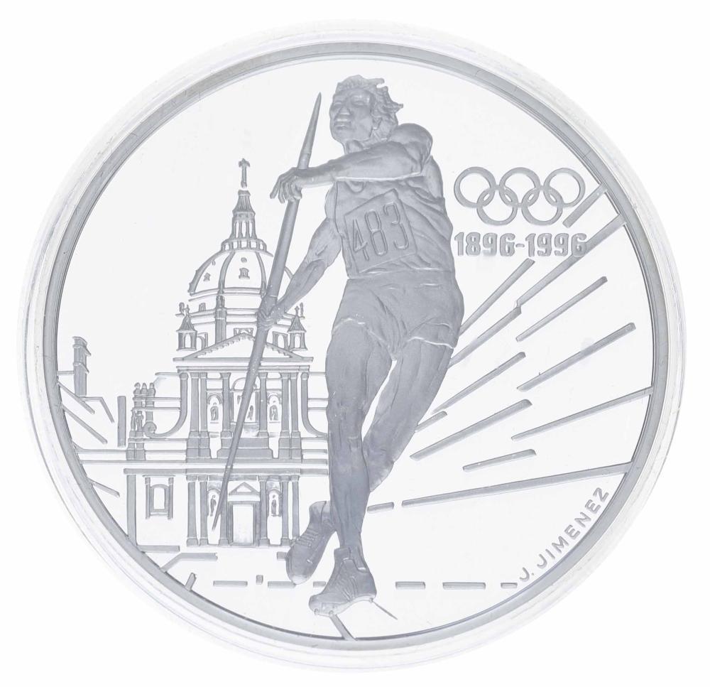 Коллекционная монета Франция 100 франков 1994 р. Серебро Proof 100 лет Олимпийским играм-Метание копья Ag 925 33,63 г (М23303)