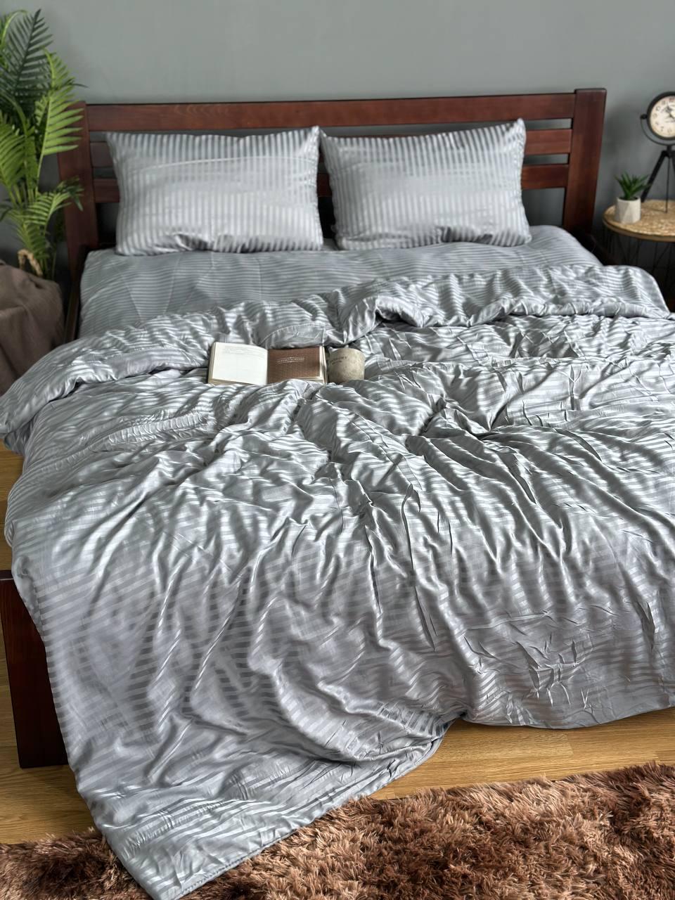 Комплект постільної білизни Смужка страйп-полісатин простирадла на резинці євро 180x200х20 см/50х70 см Сірий - фото 2