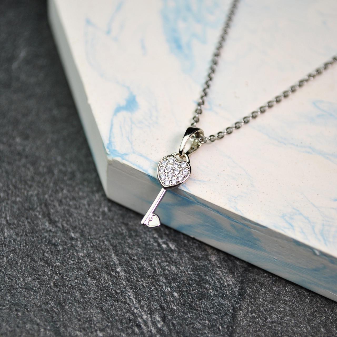 Кулон ключик сердце на цепочке медицинская сталь родий (x216-1)