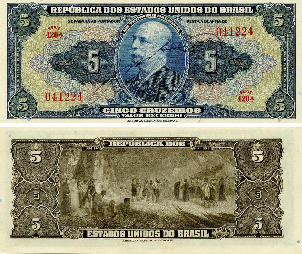 Коллекционная банкнота Бразилия 5 крузейро 1943 UNC С подписью на банкноте P134 (Б17918)