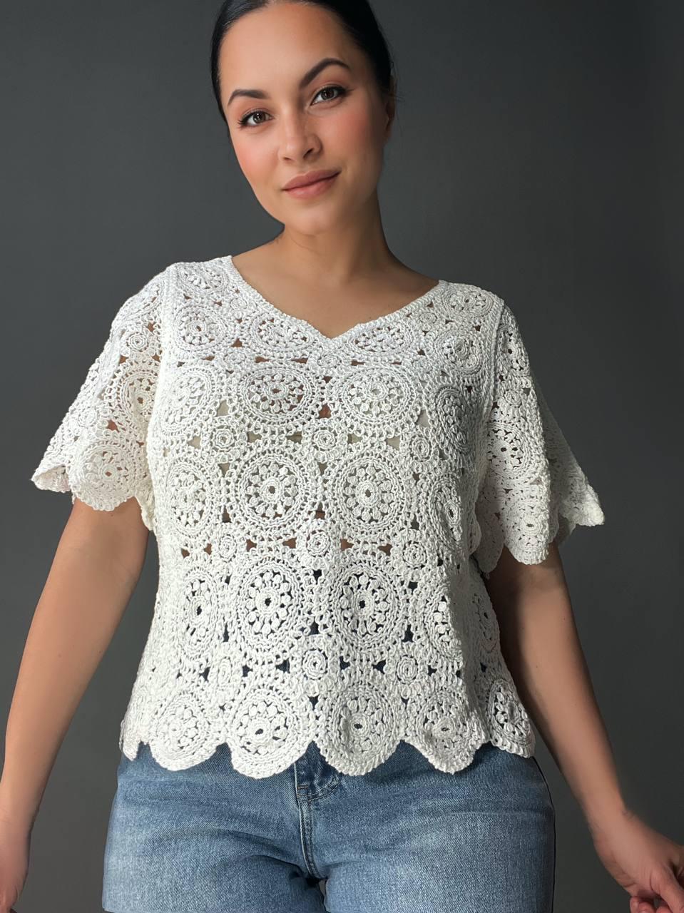 Блузка женская A-N 5303 кружевная вязаная с коротким рукавом OS Белый (26404723)
