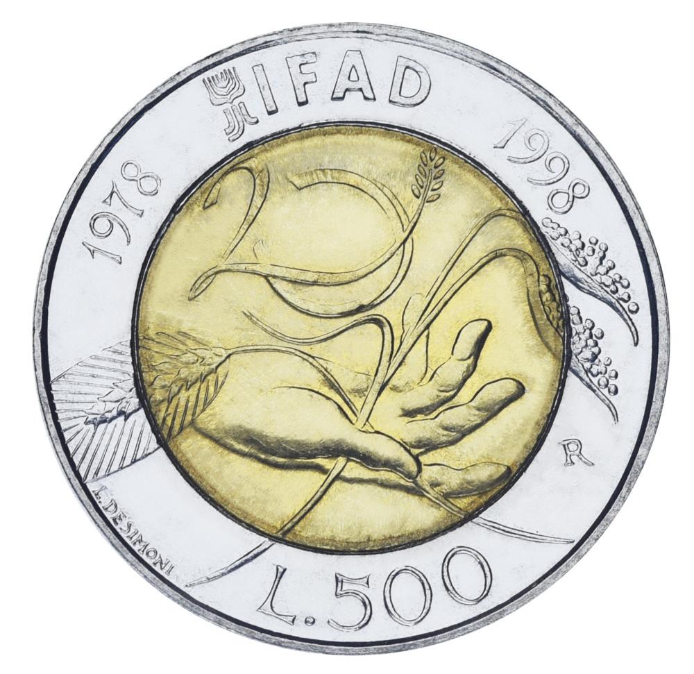 Коллекционная монета Италия 500 лир 1998 биметалл UNC 20 years of IFAD (М24318)