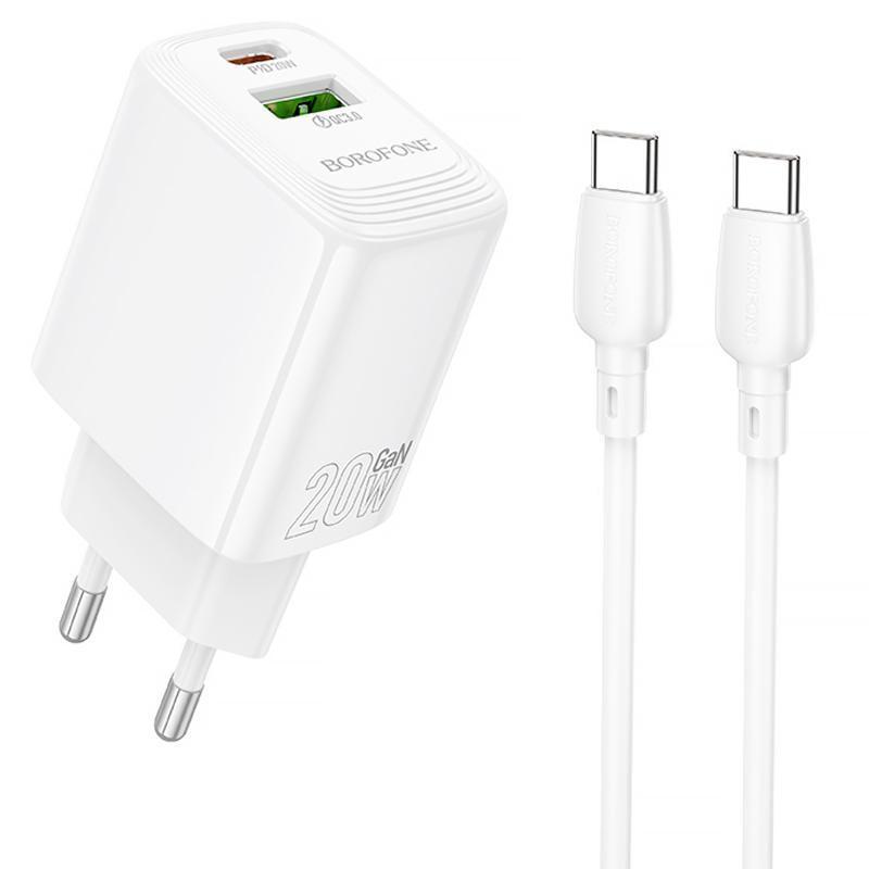 Зарядний пристрій мережевий Borofone BN27 Fuente PD20W/QC3.0 1USB-A/1C з кабелем Type-C to Type-C White (00000079669_1)