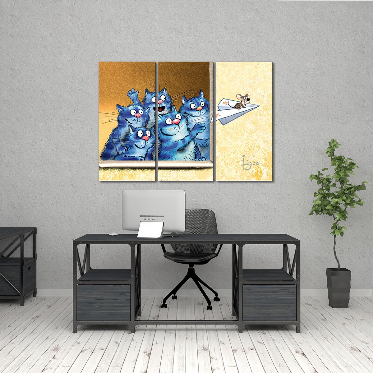 Модульная картина Мышкин полет на самолете 3 модуля 50x75 см