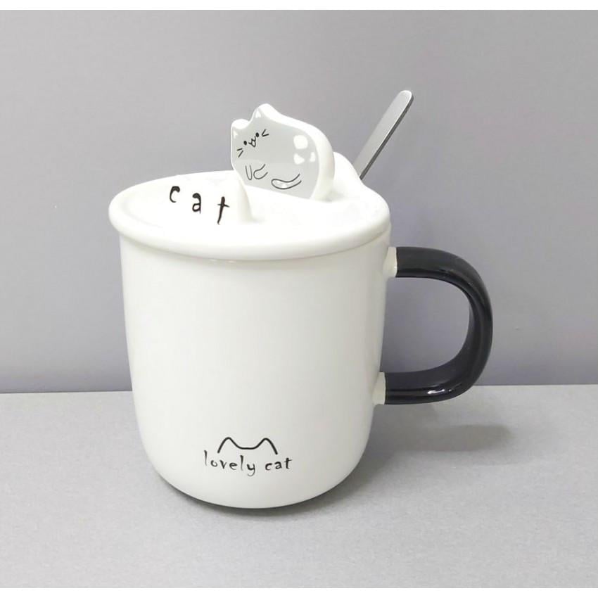 Чашка Stenson 08030-92 Ленивый Кот с крышкой и ложкой керамическая 350 мл