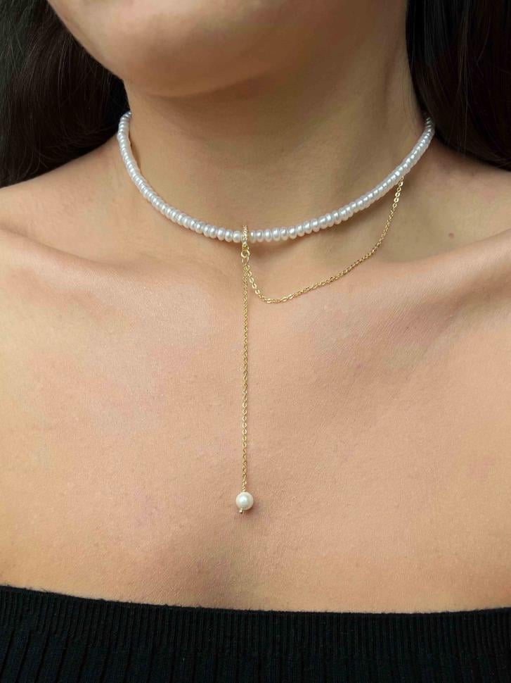 Кольє з натуральних перлів з ланцюжком та підвіскою перлини (5468) - фото 4