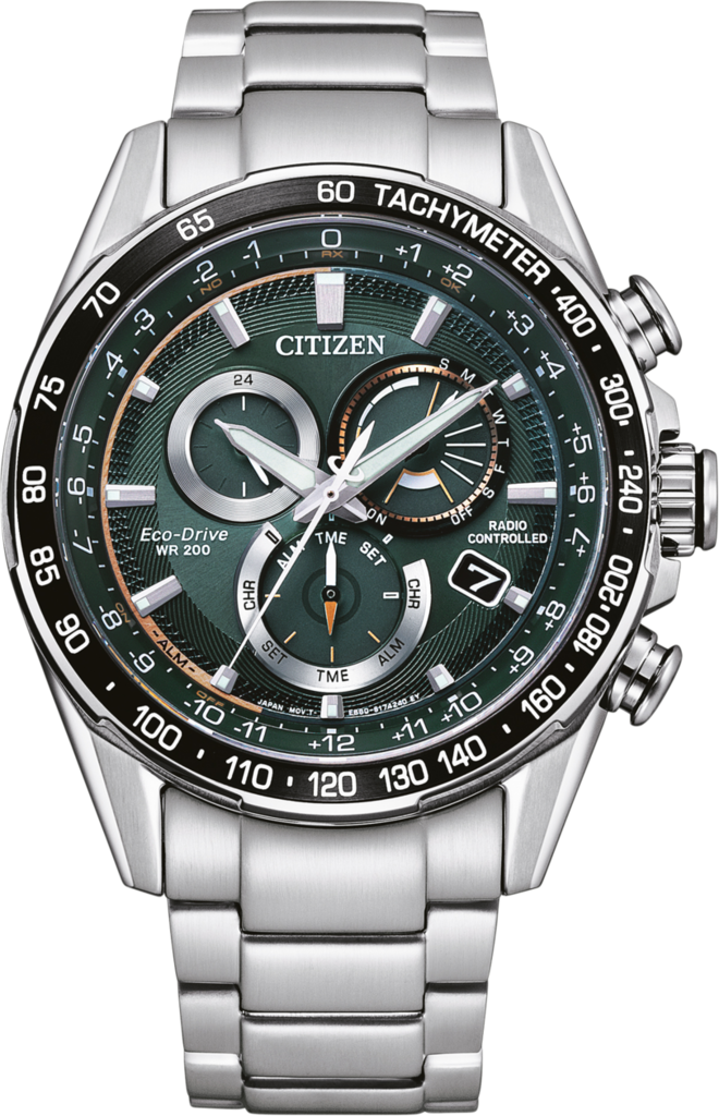 Наручний годинник чоловічий Citizen CB5914-89X із сапфіровим склом/сталевим корпусом/зеленим циферблатом та водозахистом 200 м