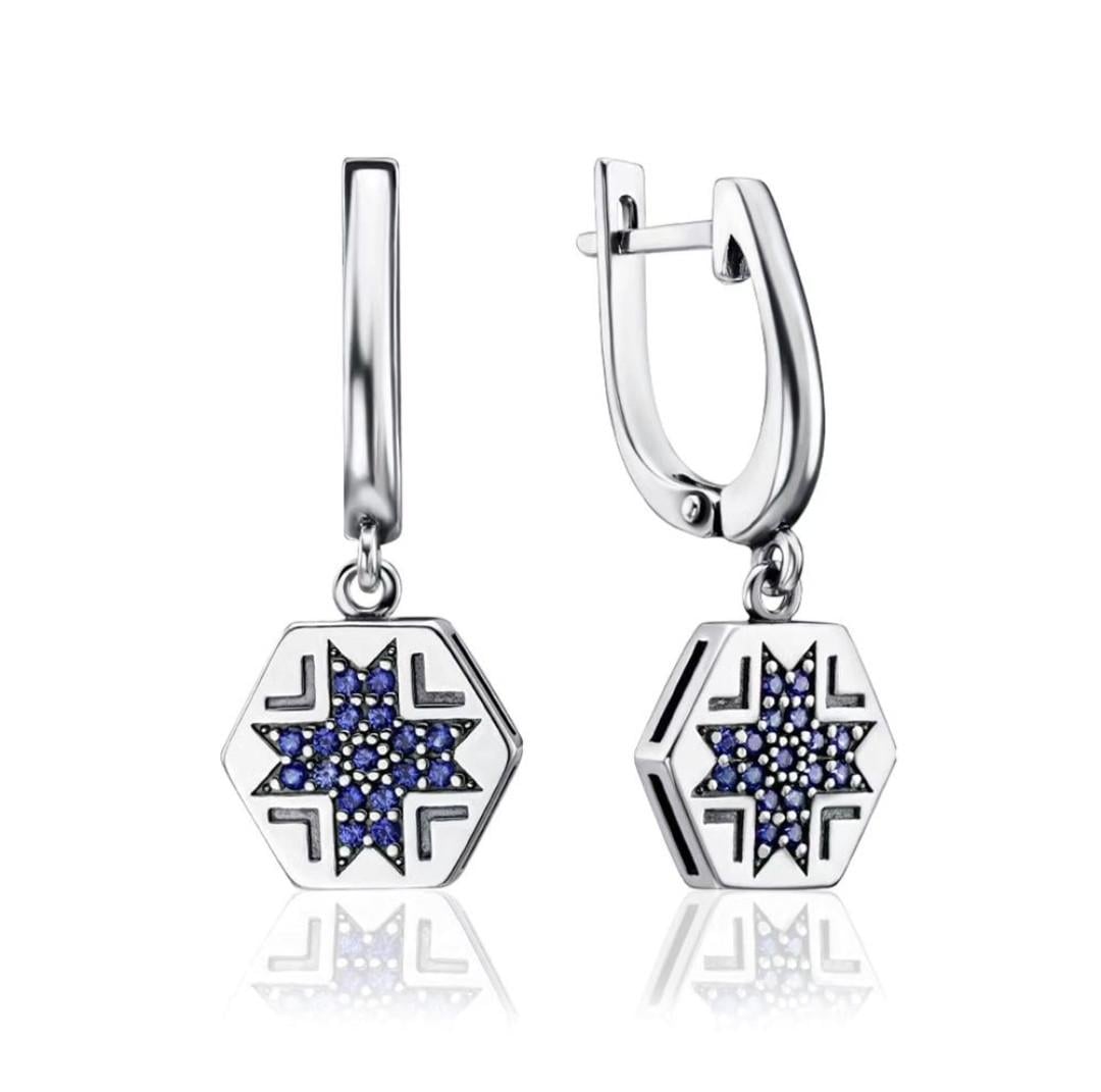 Серьги Вышиванка с синими камнями серебро 925 пробы 5,34 г (82152с)