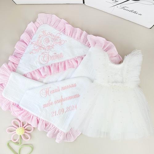 Крестильный набор для девочки Family Tradition Сияющая хлопок с вышивкой Белый/Розовый (50147)