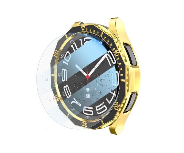 Чехол защитный для Samsung Galaxy Watch 6 Classic с безелем и защитным стеклом 47 мм Черно-золотой