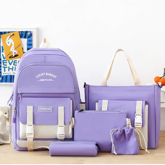 Рюкзак школьный LUCKY SUNDAY 5в1 подростковый для девочки 5-11 класс сумка-шоппер/клатч/пенал Фиолетовый (28110603)