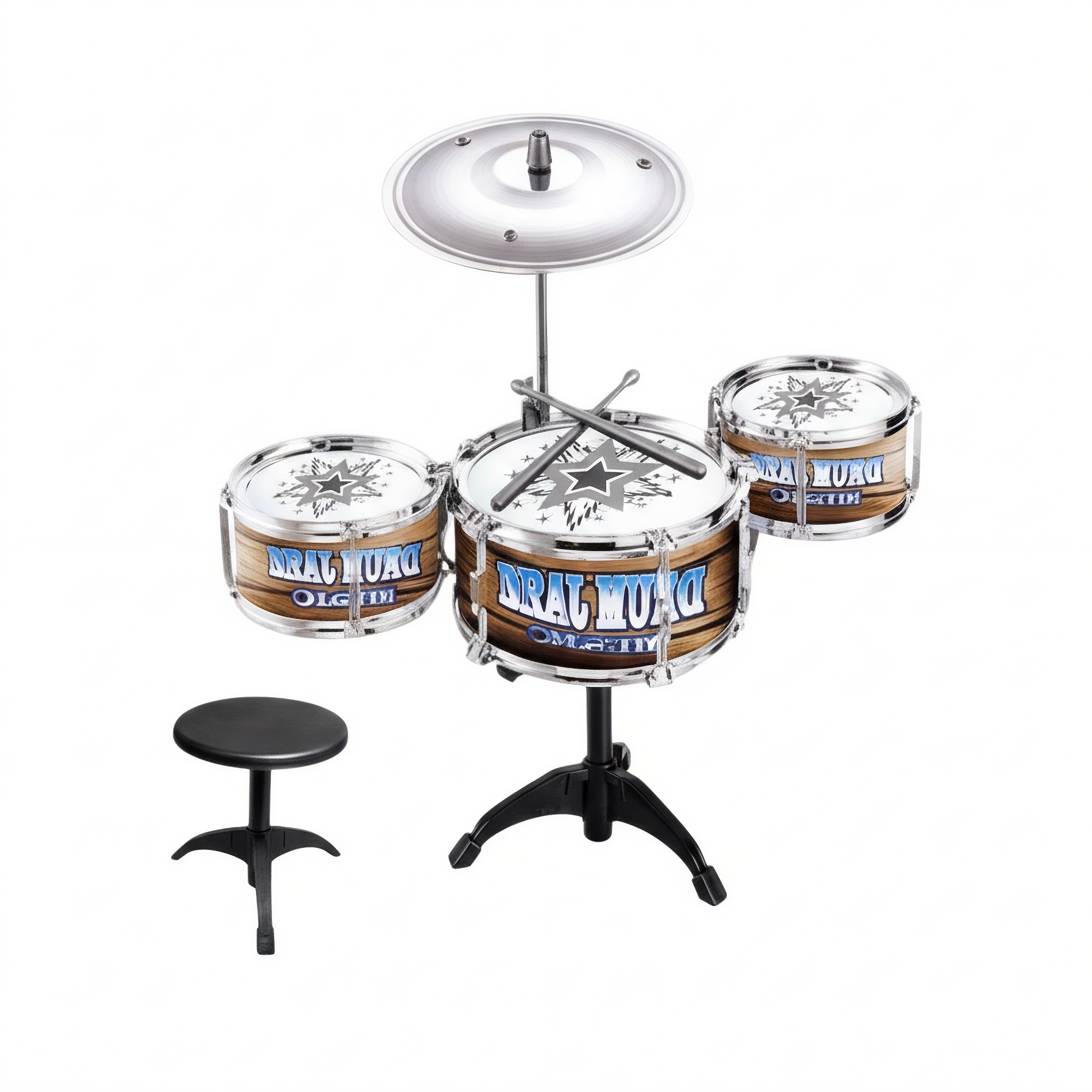 Детская барабанная установка TH 663-3 3 барабана/металлический диск/палочки/стульчик 52x23x62 см в коробке Коричневый