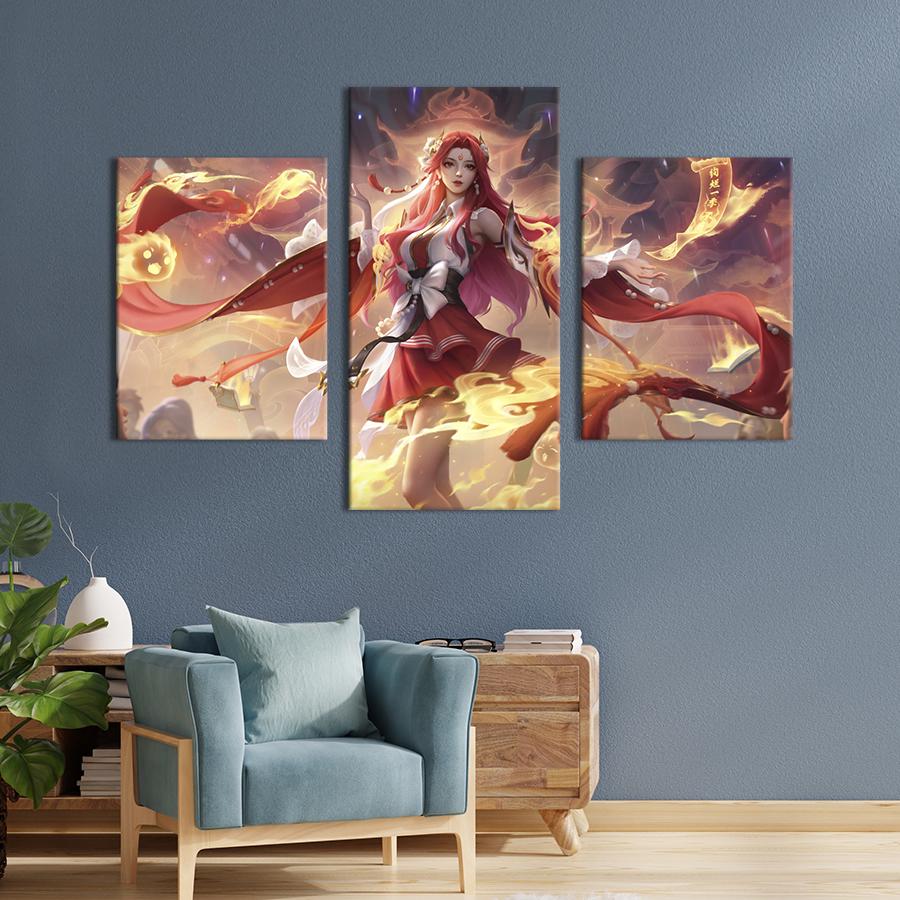 Картина на холсте триптих Огненная аниме-девушка Диаочан 96x60 см (1491-32)