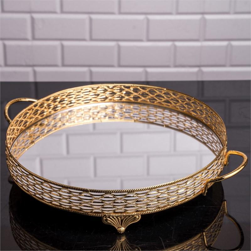 Піднос металевий ручної роботи з дзеркальною підставою 35 см Золотий (323А)