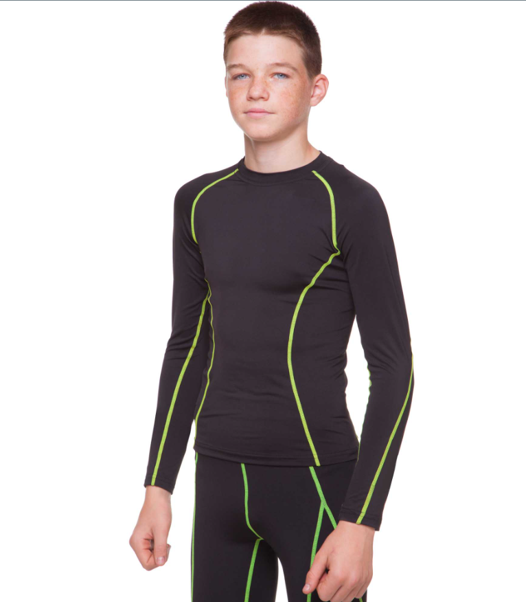 Компрессионная одежда для подростков LD-1001T LD-1202T футболка-лонгслив и штаны р. 28 рост 135-140 см Черный/Салатовый (6936116101134)
