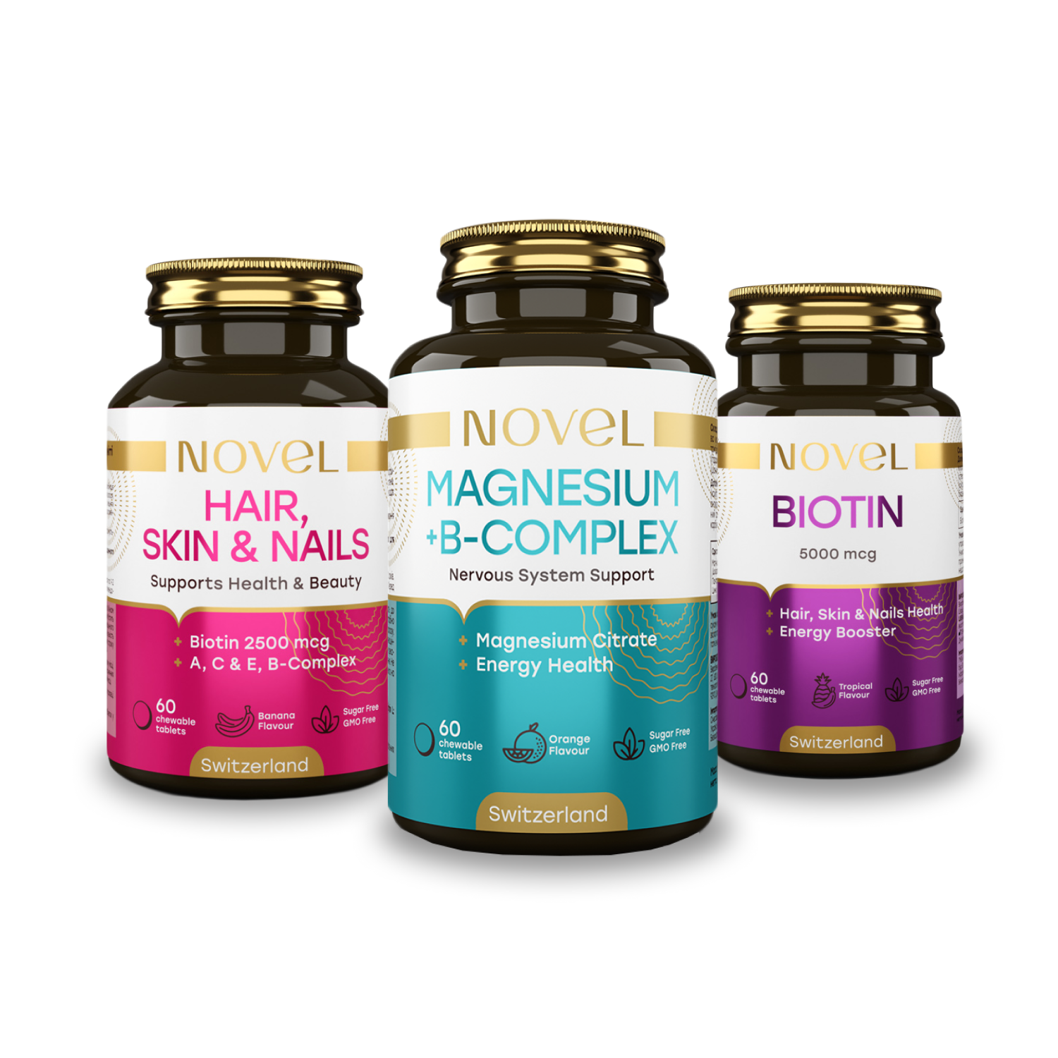 Набор витамин Novel 3 банки Биотин 5000 №60/Магний №60/Витамины для волос и ногтей №60 (CO004177)