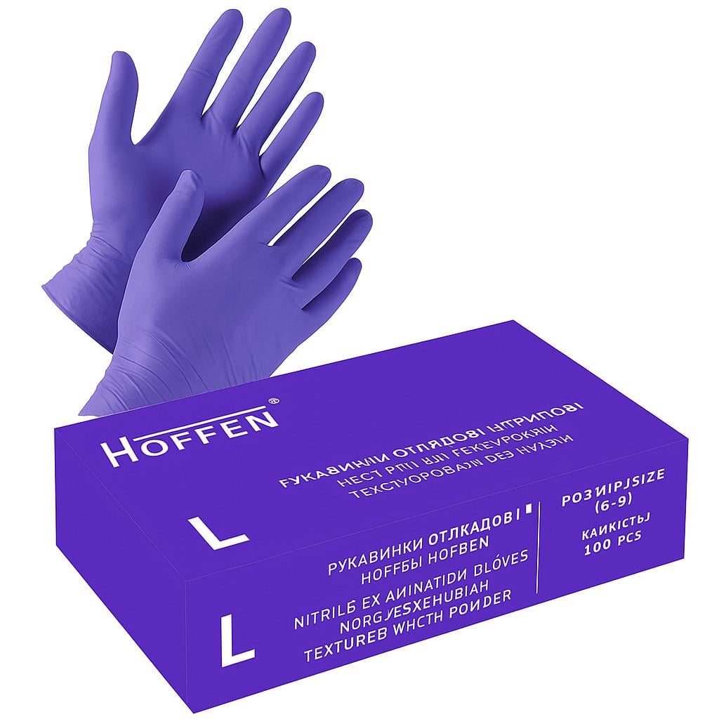 Перчатки нитриловые Hoffen нестерильные текстурированные б/у 50 пар 3,5 г L (HFN-12302L)