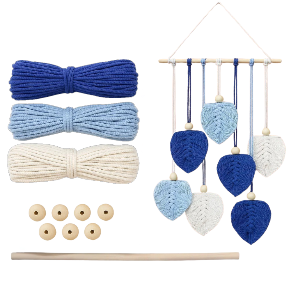 Набор макраме Листья для рукоделия и ручного вязания гобелена настенного декора 37х30 см Сине-голубой