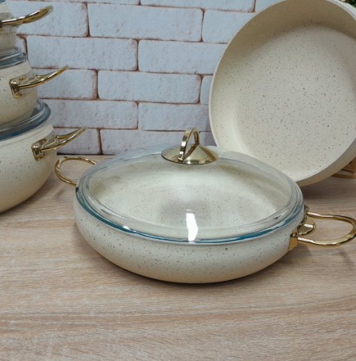 Набір посуду з сотейником та сковорідкою OMS з антипригарним покриттям 9 предметів Айворі (3024) - фото 4