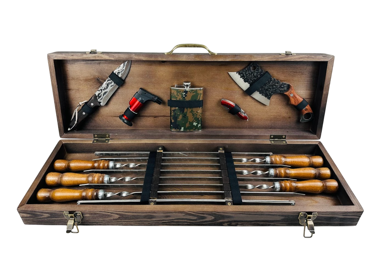 Подарочный набор шампуров ручной работы Ягуар 12 шт. из нержавеющей стали 75х24х11 см Коричневый (124-10-KS-7405)