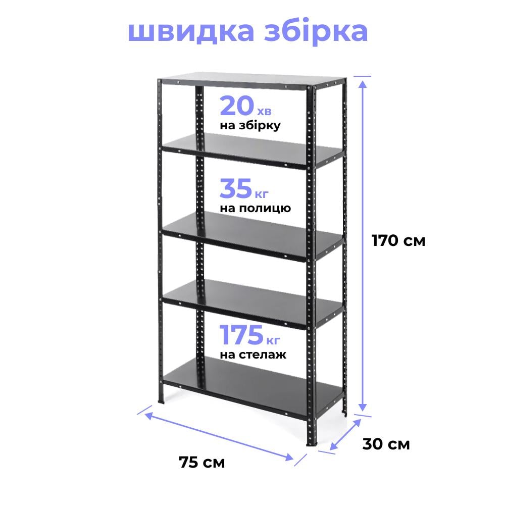 Стеллаж металлический на 5 полок 170х75х30 см Черный (МИА-118) - фото 2