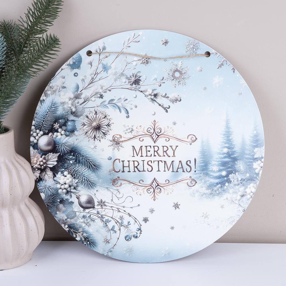Подвеска Круг деревянная Merry Christmas 33 см Синий (7405-17)