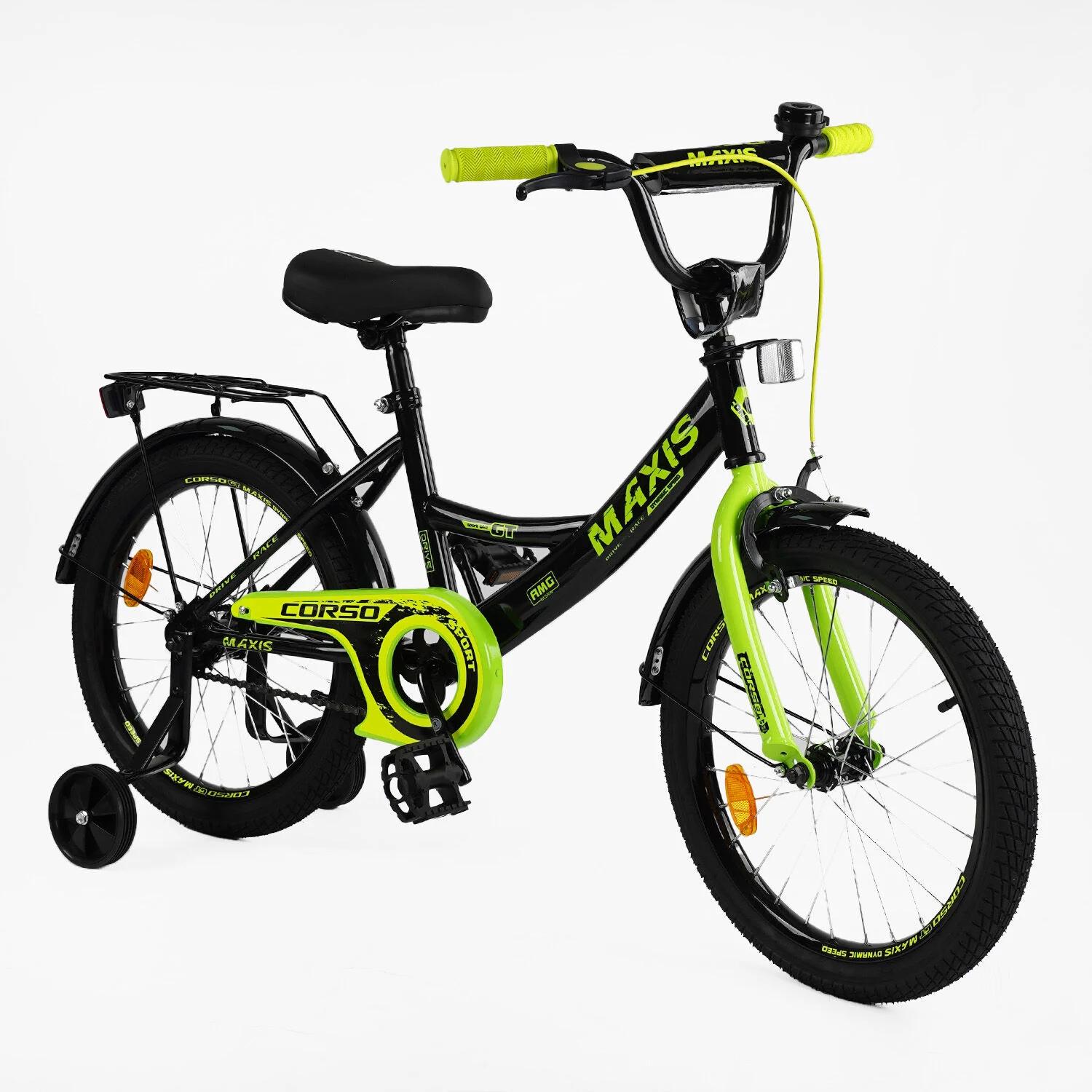 Дитячий велосипед двоколісний Corso Maxis з додатковими колесами дзвінком багажником 18" Чорно-салатовий (CL-18130)
