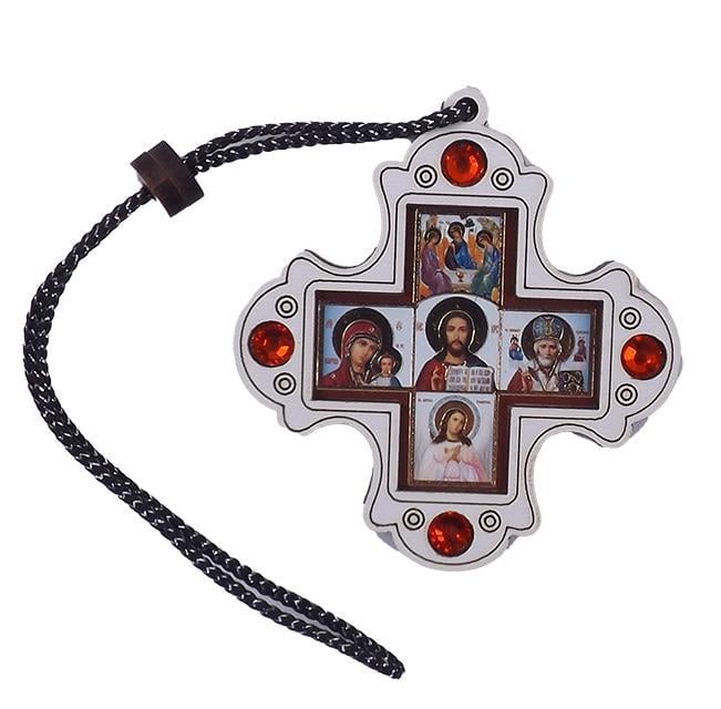 Крест деревянный на зеркало заднего вида на нитке с камнями и 5 образами 7х6 см (651566)