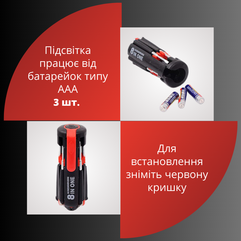 Викрутка універсальна Multi-Screwdriver Torch 8в1 в компактному дизайні з підсвічуванням Чорний з червоним (05896) - фото 7