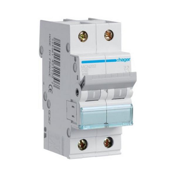 Автоматический выключатель Hager 2 полюса 6 kA тип C 2A MCN202 (74263)