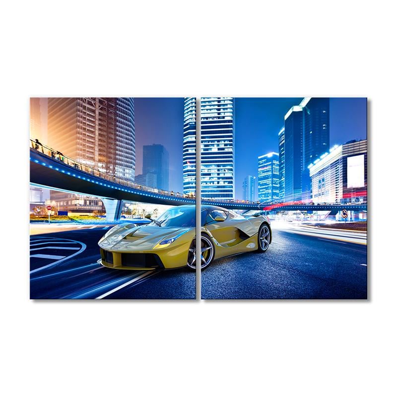 Картина модульная Вечерний город. Спортивный автомобиль 2 модуля 120x180 см