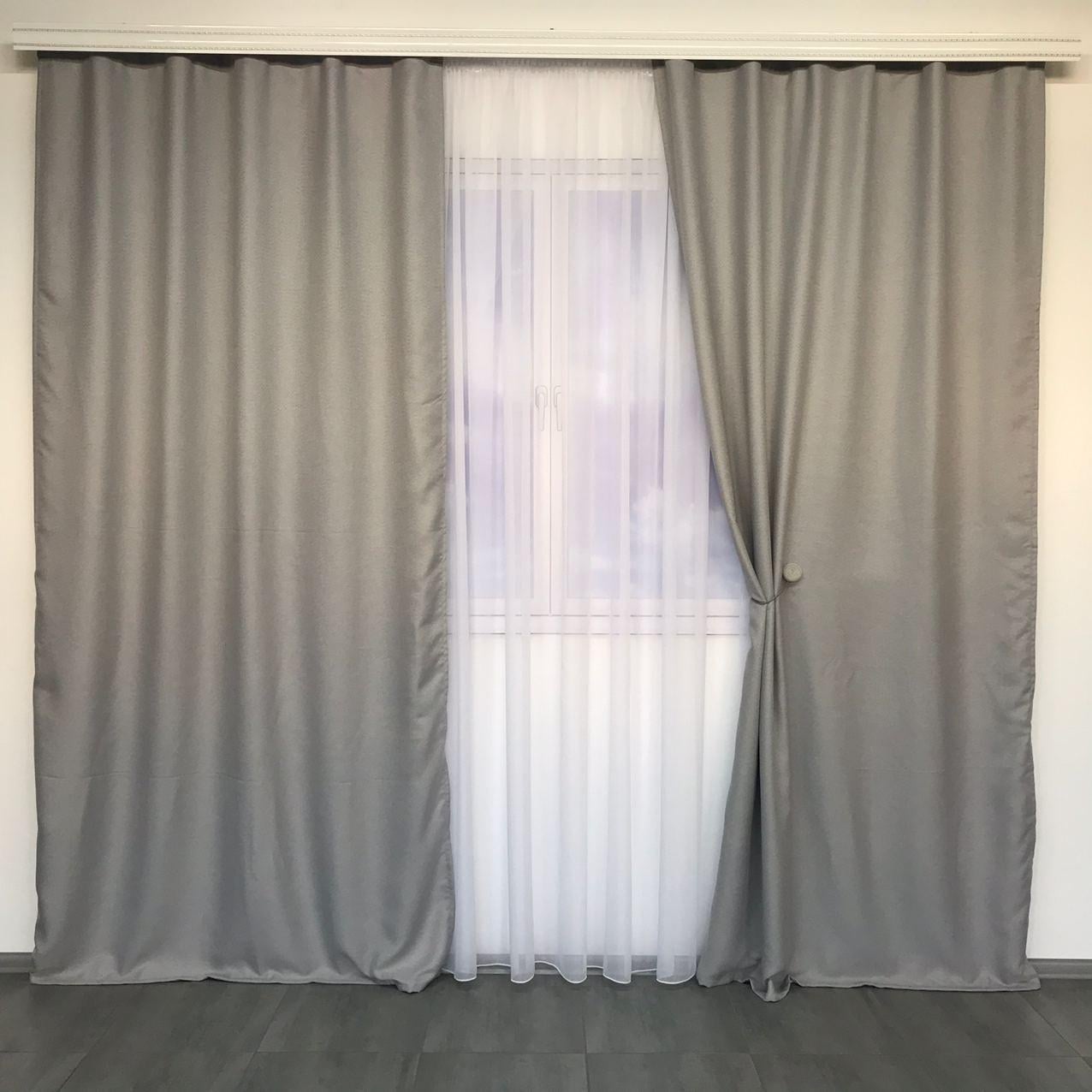 Шторы готовые льняные блэкаут с тюлем однотонные Темно-серый