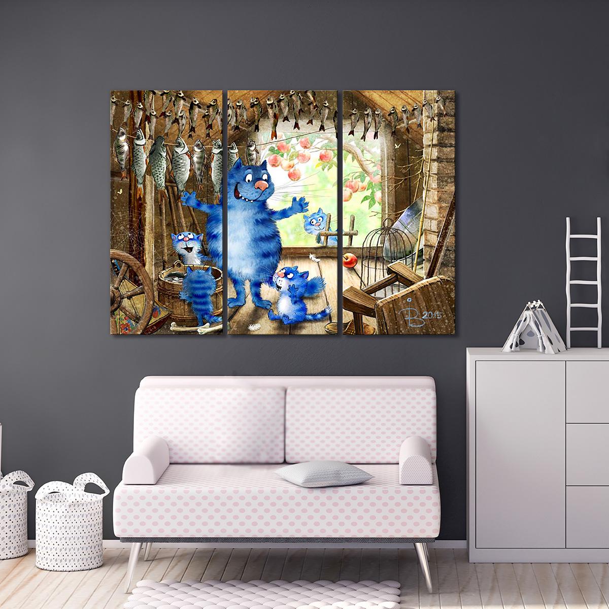 Модульная картина Рассказы об улове рыбы 3 модуля 70x105 см