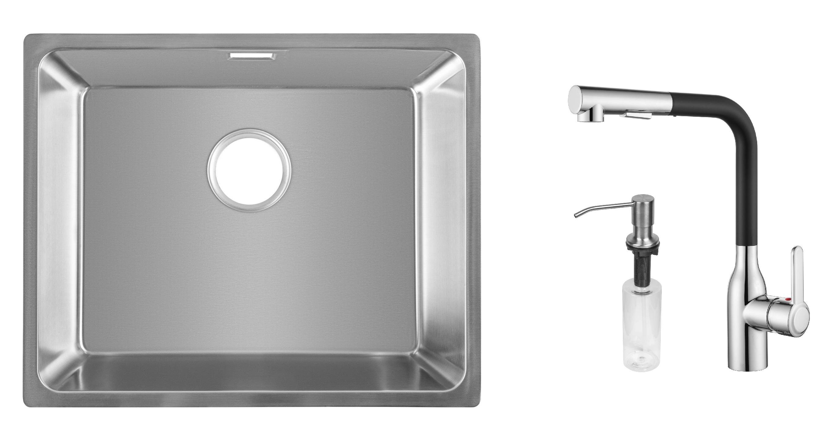 Комплект из кухонной мойки Gunter&Hauer Gera 5420 IX кухонного смесителя Gunter&Hauer DUNKEL Cr-Bl и дозатора Gunter&Hauer SOAP DISPENSER Inox