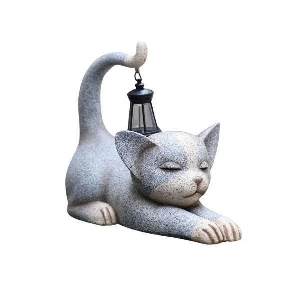 Садовая керамическая фигурка Кошка с солнечным фонариком (C02379)
