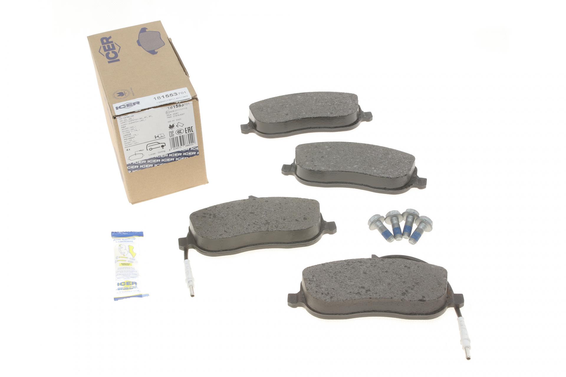 Тормозные колодки передние ICER для Citroen C8 02-/Jumpy/Fiat Scudo/Peugeot Expert 95-06/807 02- с датчиками (181553-701) Тормозные колодки передние ICER для Citroen C8 02-/Jumpy/Fiat Scudo/Peugeot Expert 95-06/807 02- с датчиками (181553-701)