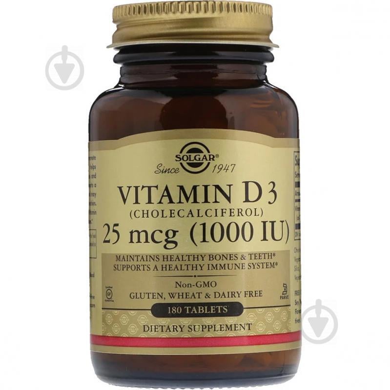 Витамин D3, Cholecalciferol, Solgar, 25 мкг, 1,000 МЕ, 180 таблеток