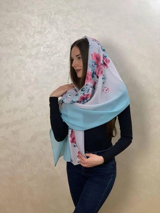 Шарф шифоновый Букет роз Бело-голубой (ШарфШиф13)