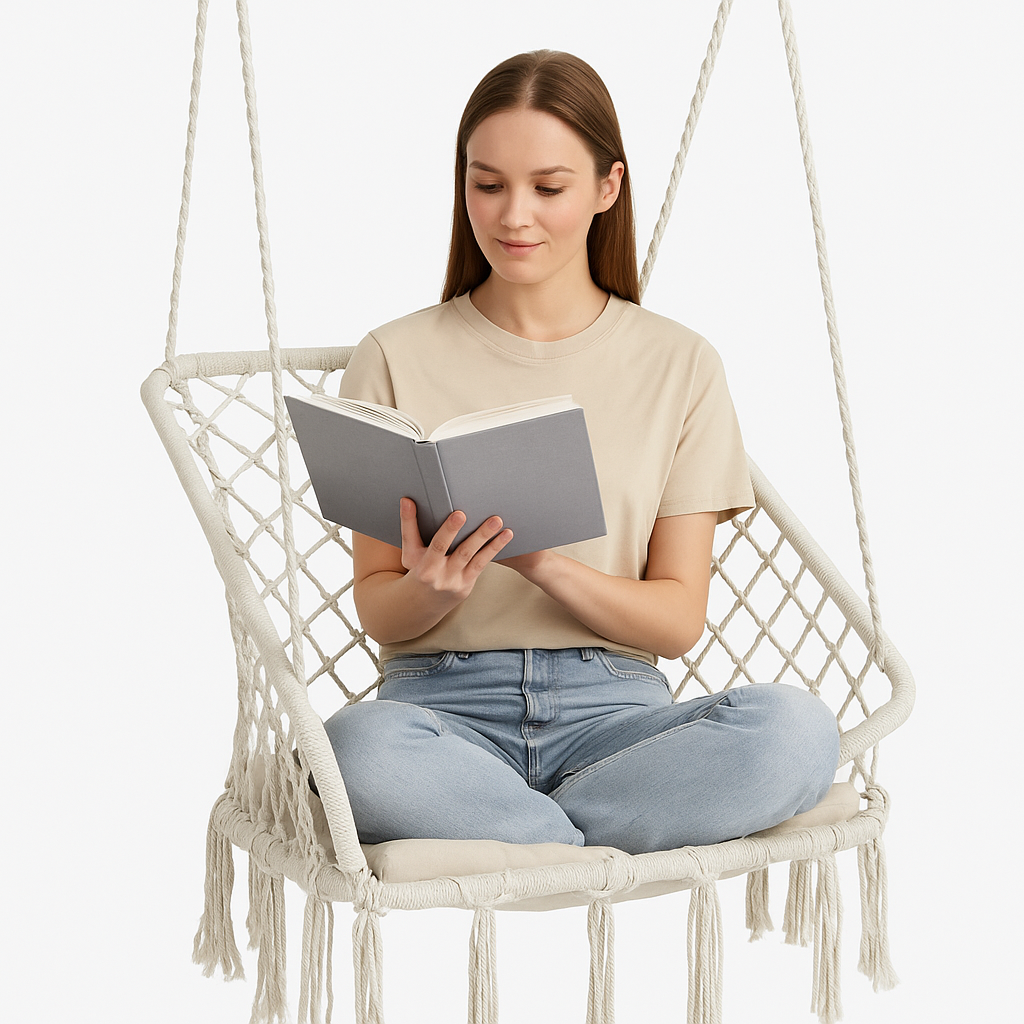 Крісло-гойдалка підвісна WCG Плетена квадратна з м’якою подушкою Білий (2689017148) - фото 5