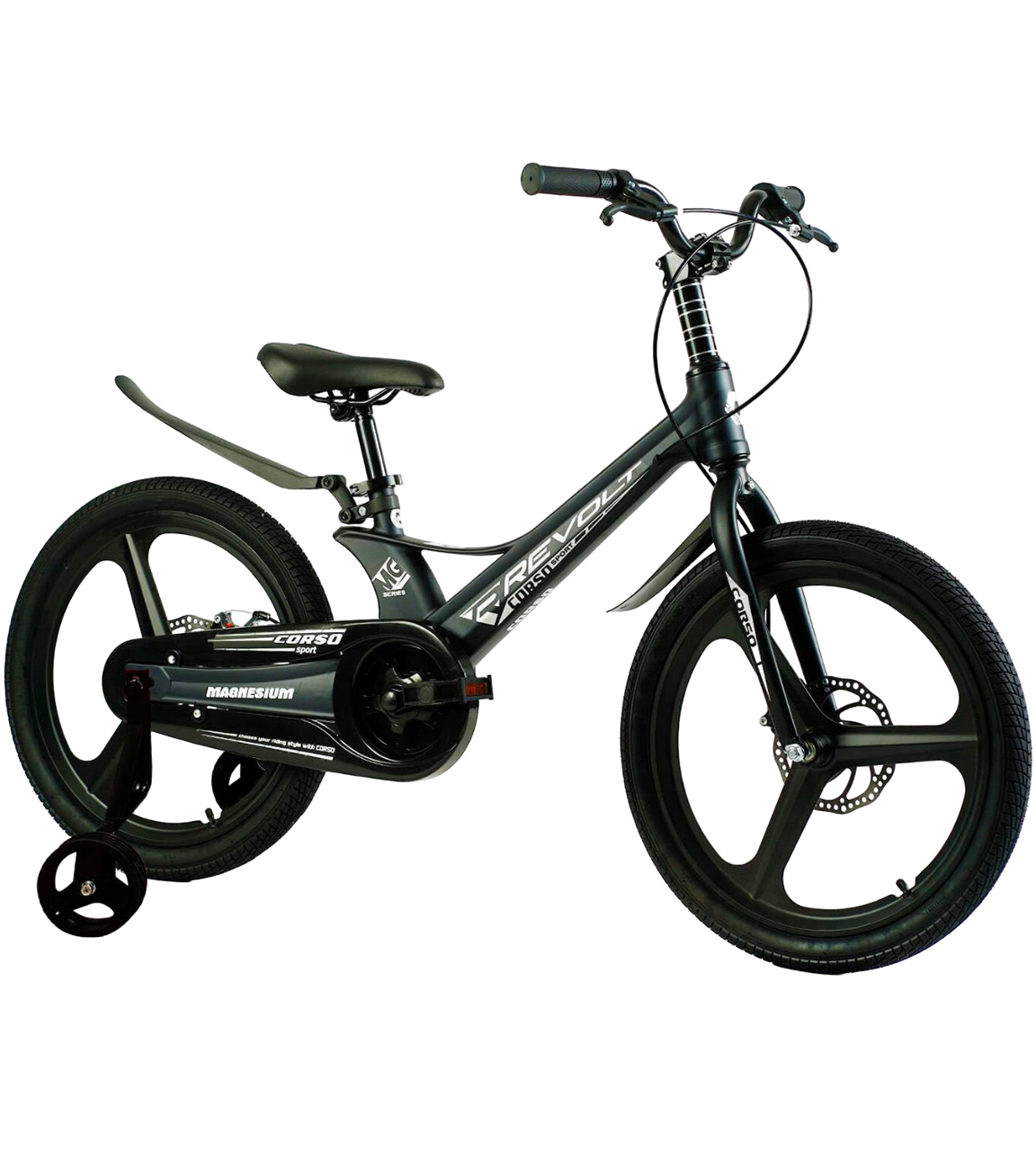 Дитячий велосипед Corso Revolt 20" з магнієвою рамою та додатковими колесами Чорний (MG-20405)